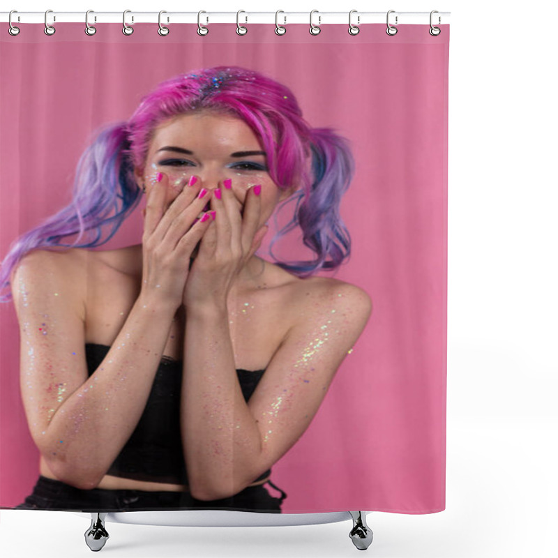 Personality  Young Woman Heavily Madeup Laughing And Covering Her Mouth By Arms Shower Curtains