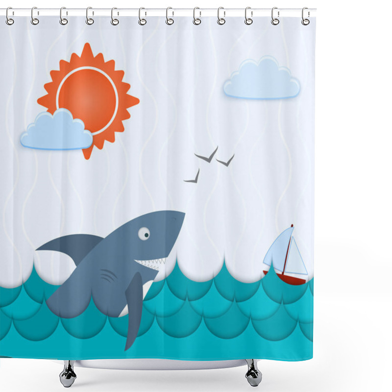 Personality  Seascape With Island And The Ship Vector Illustration Shower Curtains