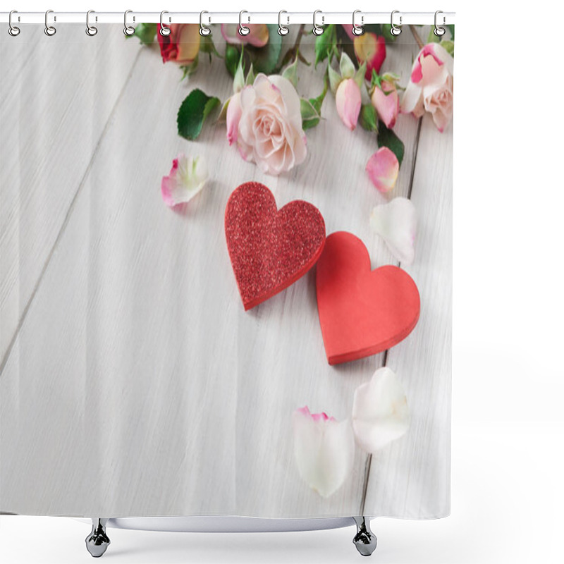 Personality  Valentine Day Background, Hearts And Flowers On White Wood Shower Curtains