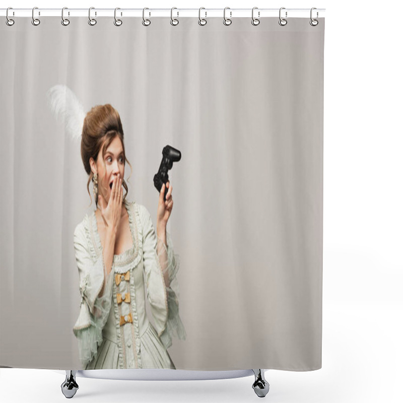 Personality  KYIV, UKRAINE - APRIL 22, 2021: Shocked, Retro Style Woman Holding Joystick And Covering Mouth With Hand Isolated On Grey Shower Curtains