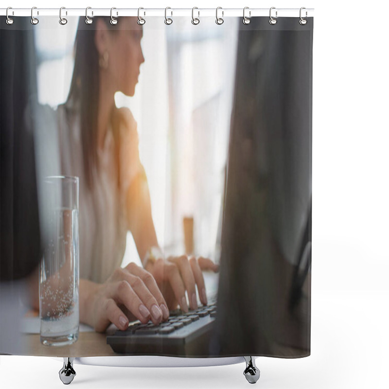 Personality  Selective Focus Of Data Analyst Typing On Computer Keyboard In Office  Shower Curtains