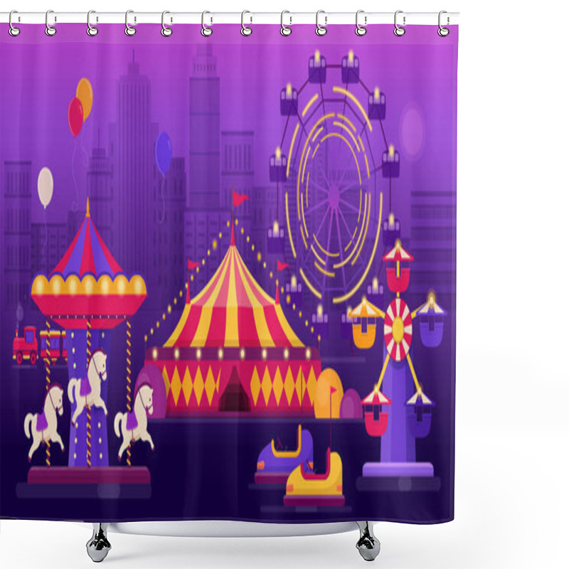 Personality  Amusement Park On City Landscape Background At Night With Carousels, Ferris Wheel And A Circus Tent. Flat Vector Illustration Shower Curtains