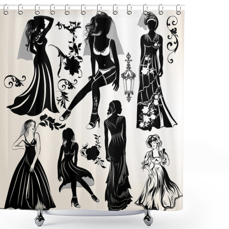 Personality  Collection Of Wedding Silhouettes And Elements Shower Curtains