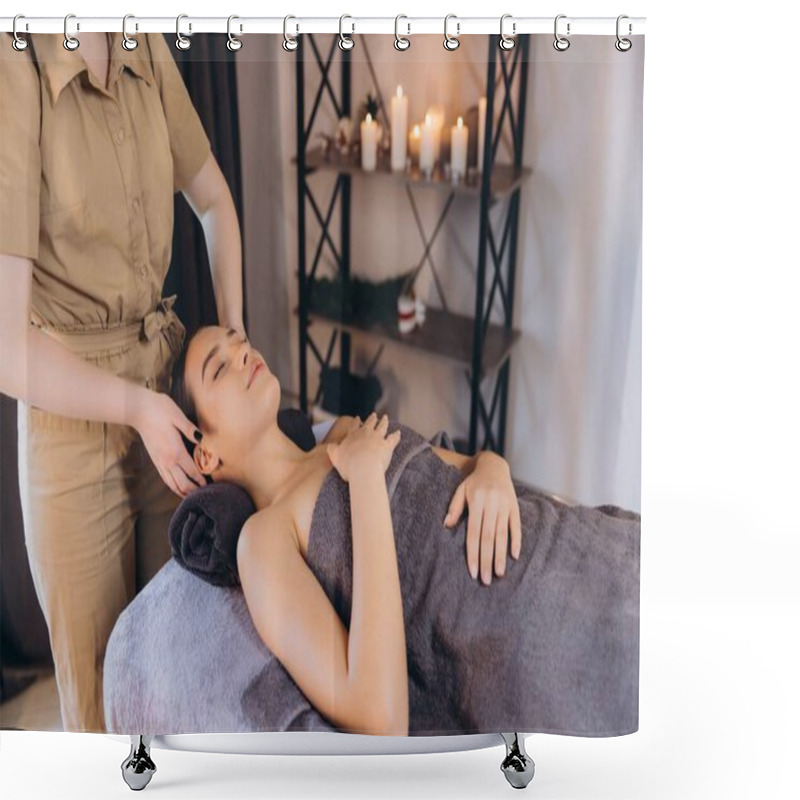 Personality  Massage Therapist Performing Head Massage On Young Woman Lying On Massage Table, Enjoying Spa Treatment Shower Curtains