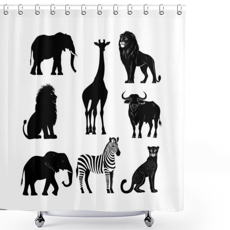 Personality  Silhouettes Of African Wildlife Including Giraffes, Zebras, And Rhinos On A White Background Shower Curtains