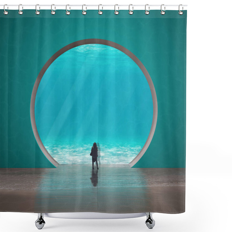 Personality  Surreal Visionary Aquarium In Turquoise Tones With A Round Big Window, Young Woman Watches The Scene, Freedom Concept, Imaginary Art Shower Curtains