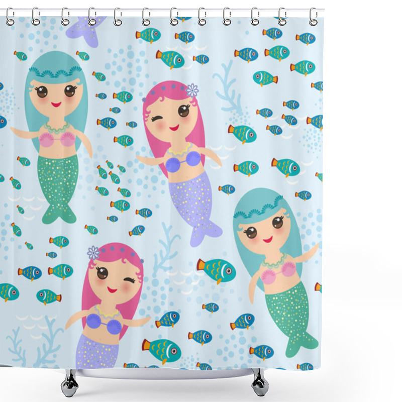 Personality  Mermaid With Blue And Pink Hair Cute Kawaii Girl Coral Fish Seamless Pattern On Blue Sea Water Background. Vector Illustration Shower Curtains