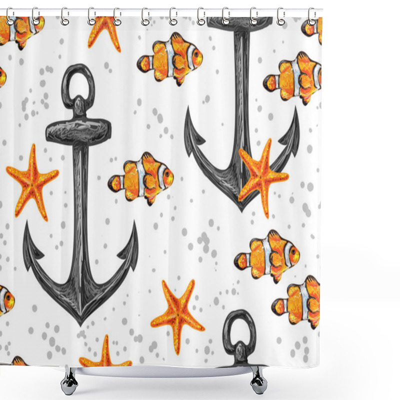 Personality  Seamless Pattern With Fish, Anchor, Starfish. Ocean Background. Vacation, Holiday, Travel, Summer. Sea Life Texture. Perfect For Wallpaper, Pattern Fill, Web Page Background, Surface Textures, Textile Shower Curtains