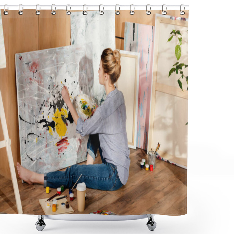 Personality  Beautiful Young Female Painter Sitting On Floor And Drawing Picture In Art Studio Shower Curtains