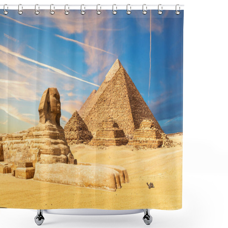 Personality  The Sphinx Next To The Pyramids In The Sands Of Giza Desert, Egypt. Shower Curtains