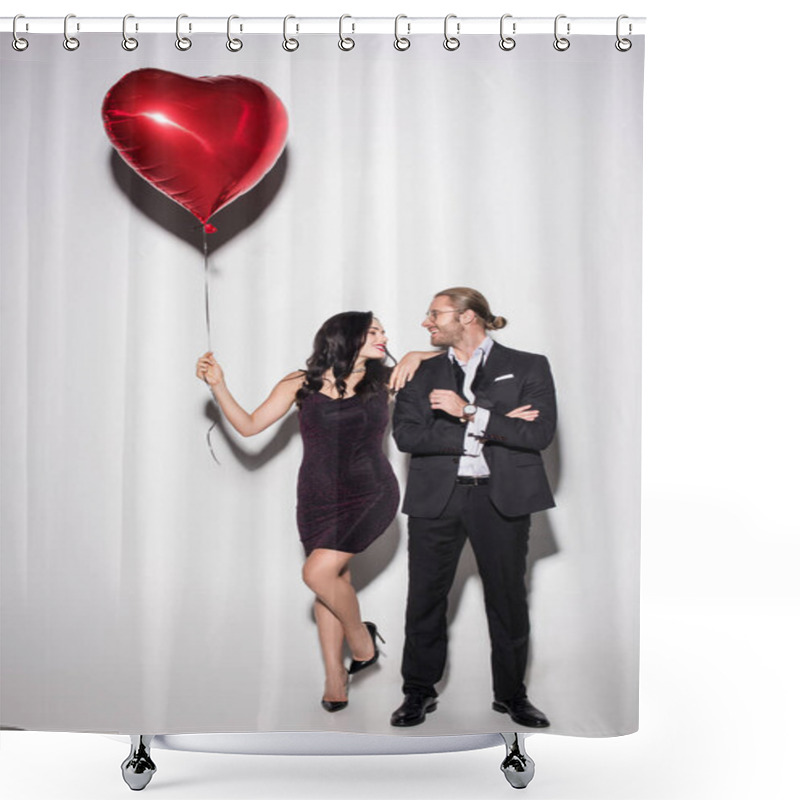 Personality  Happy Couple Holding Red Heart Shaped Balloon On Valentines Day On White Shower Curtains