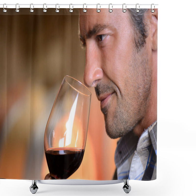 Personality  Closeup On Winemaker Smelling Red Wine In Glass Shower Curtains