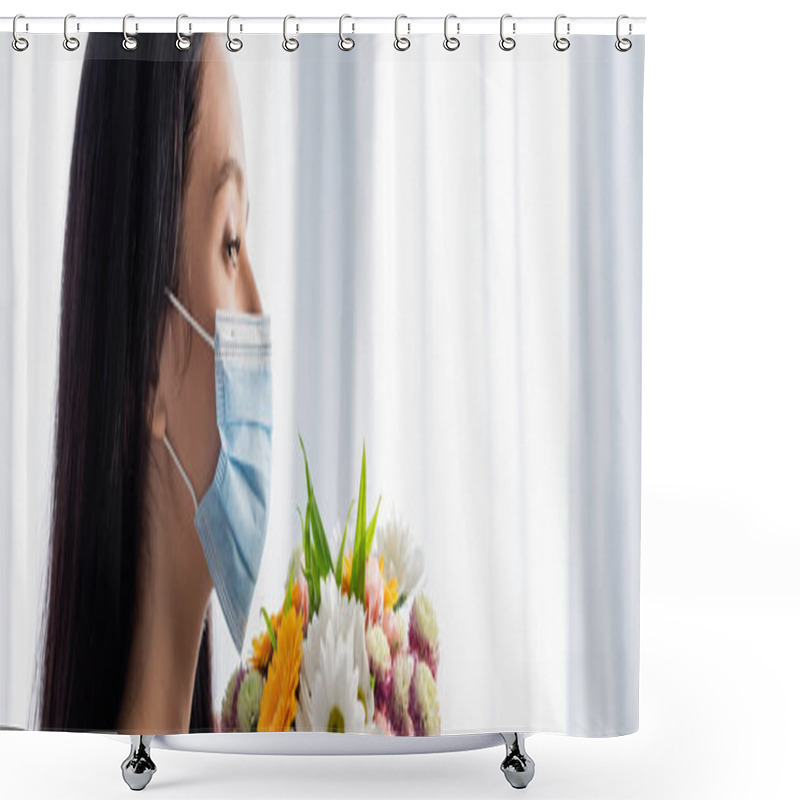 Personality  Side View Of Allergic Woman In Medical Mask With Flowers At Home, Banner Shower Curtains