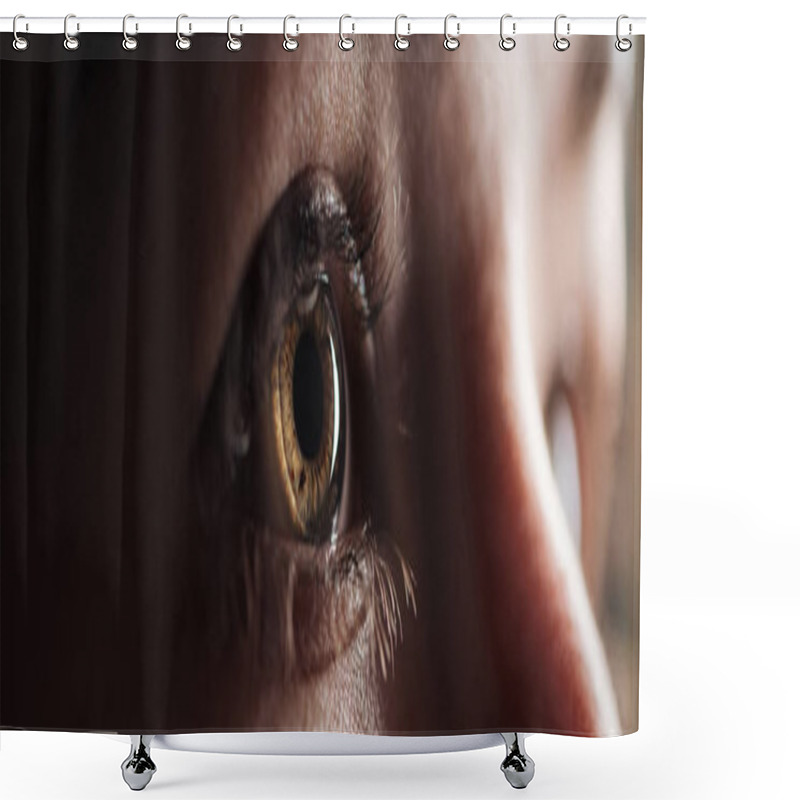 Personality  Close Up View Of Human Bright Eye Looking Away In Darkness, Panoramic Shot Shower Curtains