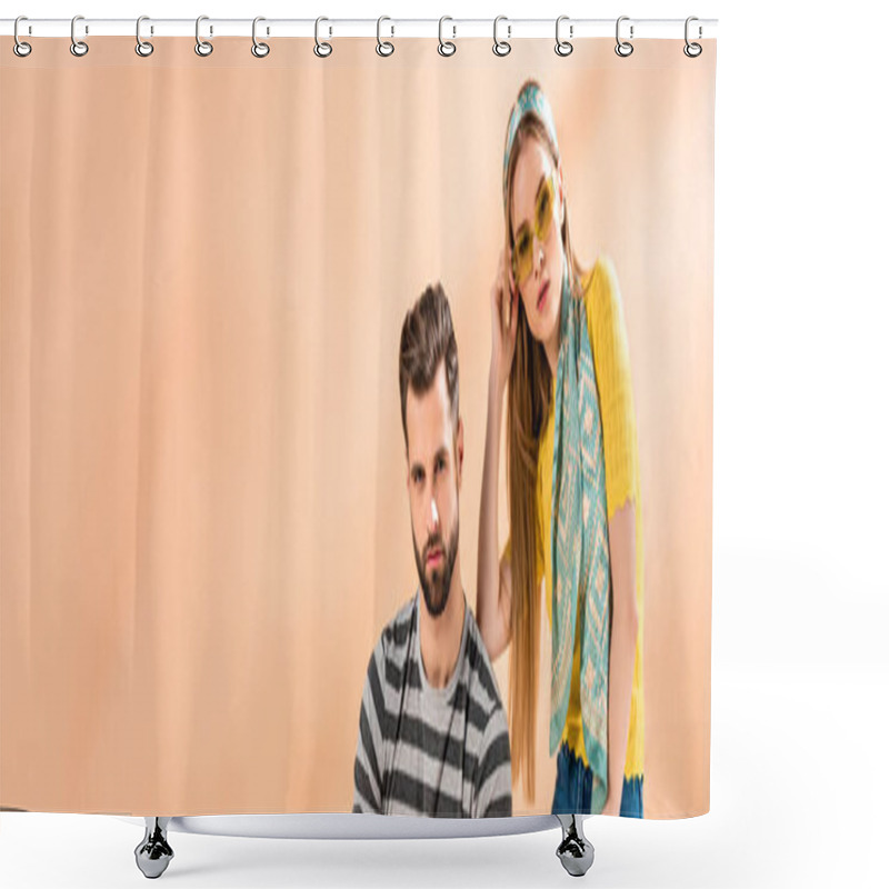 Personality  Panoramic Shot Of Beautiful Stylish Couple Posing In Summer Clothes On Beige Shower Curtains