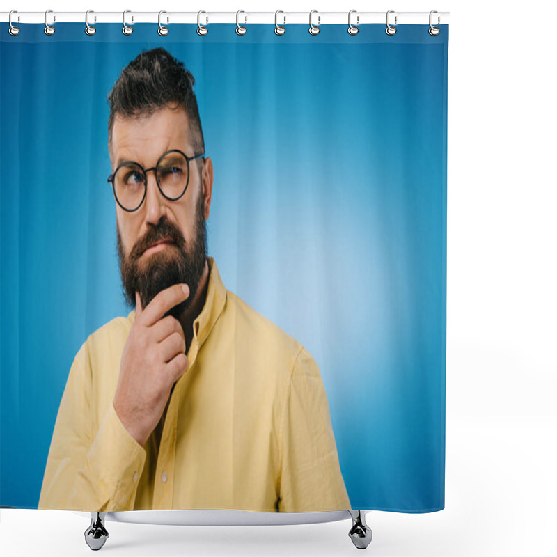 Personality  Suspicious Bearded Man In Eyeglasses Isolated On Blue Shower Curtains