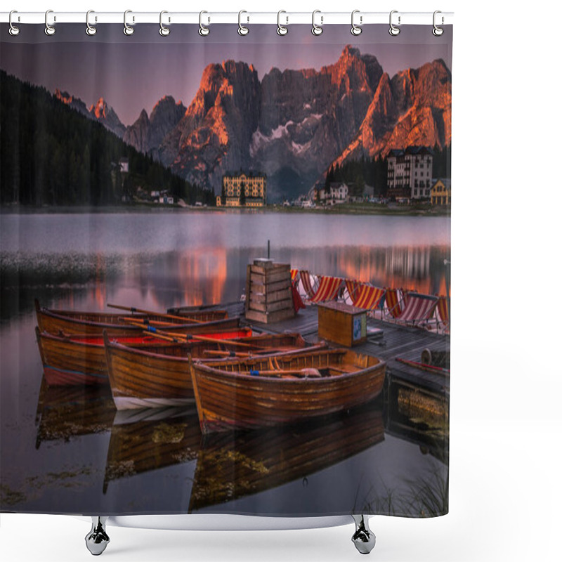 Personality  Sunrise Over Lake Misurina In Dolomites Shower Curtains