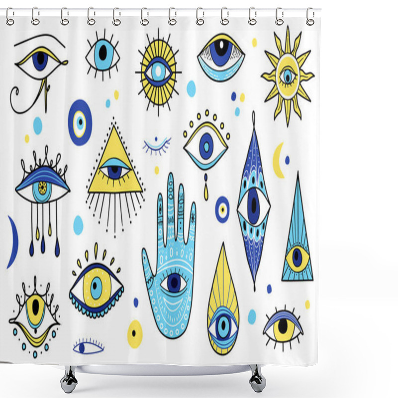 Personality  Evil Eyes Icon Set, Various Talismans In Hand Drawn Style.  Shower Curtains