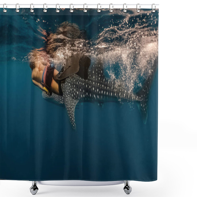 Personality  Young Woman Swims With A Massive Whaleshark. Whaleshark Watching Is A Famous Tourist Attraction In Pintuyan, Southern Leyte, Philippines. Shower Curtains