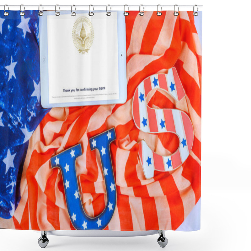 Personality  8 January 2025 Washington DC US Tablet Shows RSVP Confirmation Surrounded By American Flag And Decorative Letters For Official Swearing In Ceremony Of President Donald J. Trump, Vice President JD Shower Curtains