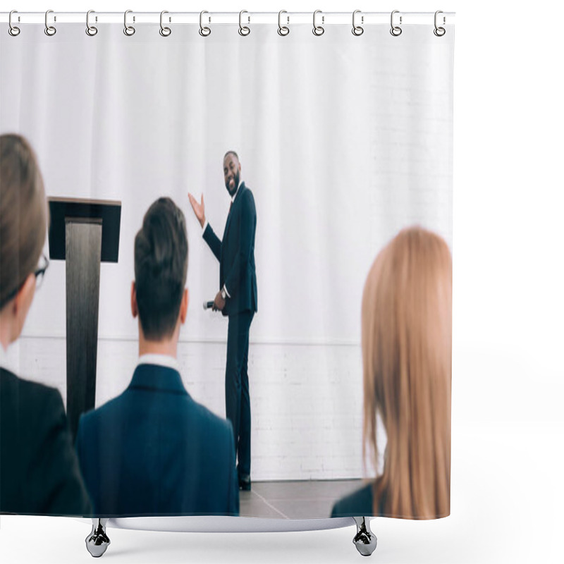 Personality  Smiling Handsome African American Speaker Talking During Seminar In Conference Hall And Pointing On Screen Shower Curtains