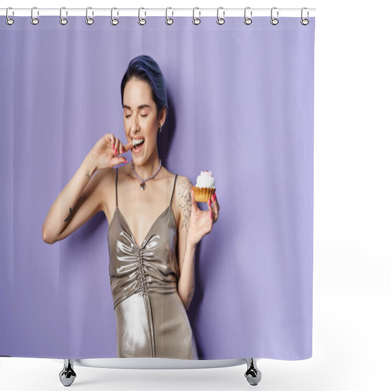 Personality  A Young Woman With Short Blue Hair Elegantly Holds A Cupcake, Showcasing A Silver Party Dress In A Studio Setting. Shower Curtains