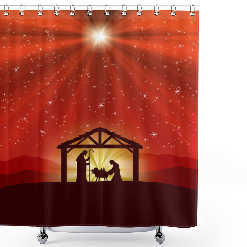 Personality  Chritmas Nativity Scene On Red Starry Background Shower Curtains