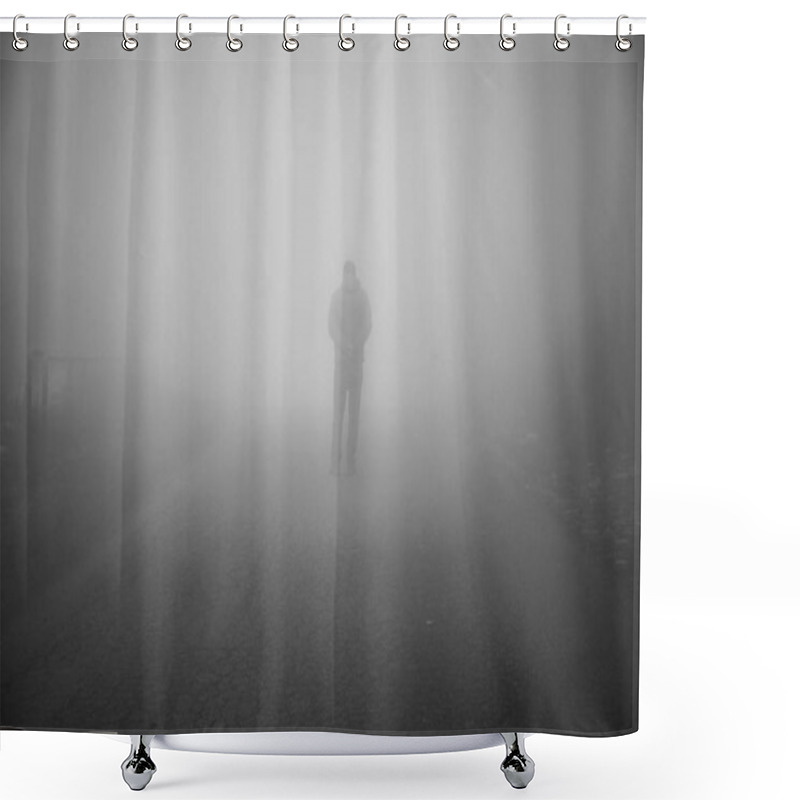 Personality  Man Walking Away On Misty Road. Man Standing Alone On Rural Foggy And Misty Asphalt Road. Selective Focus Shower Curtains