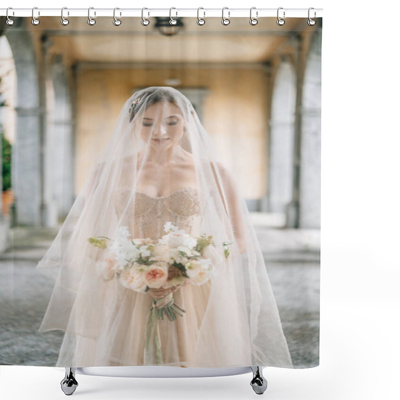 Personality  Bride In A Wedding Dress And A Veil With A Bouquet Stands With Her Eyes Downcast On An Old Terrace With Columns. Lake Como Shower Curtains