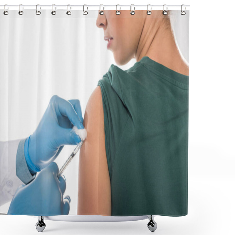 Personality  Cropped View Of Doctor With Cotton Wool And Syringe Doing Vaccine Injection To Patient Isolated On White Shower Curtains