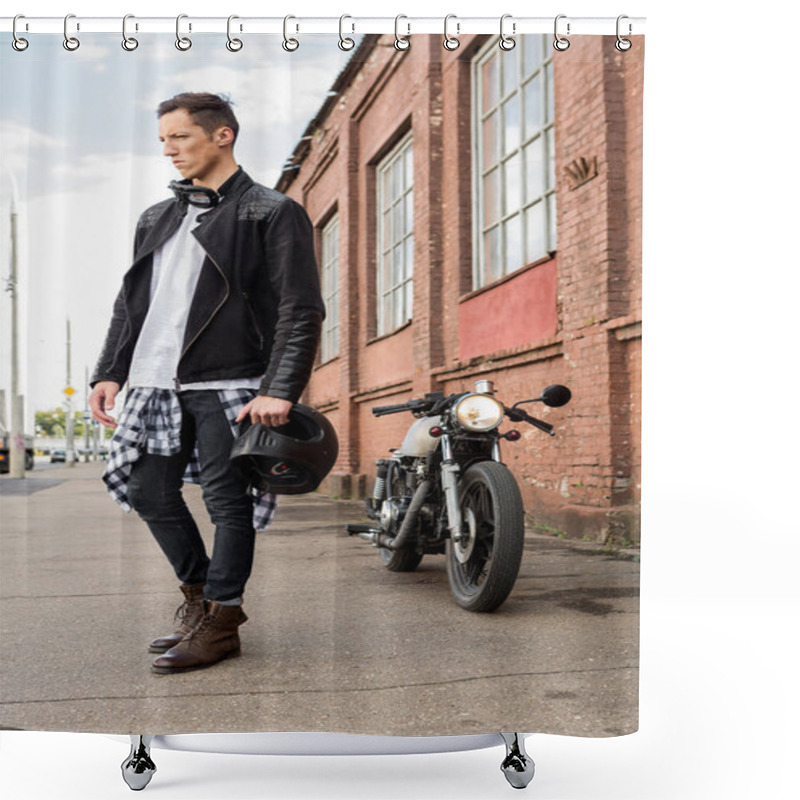 Personality  Brutal Man Near His Cafe Racer Custom Motorbike. Shower Curtains