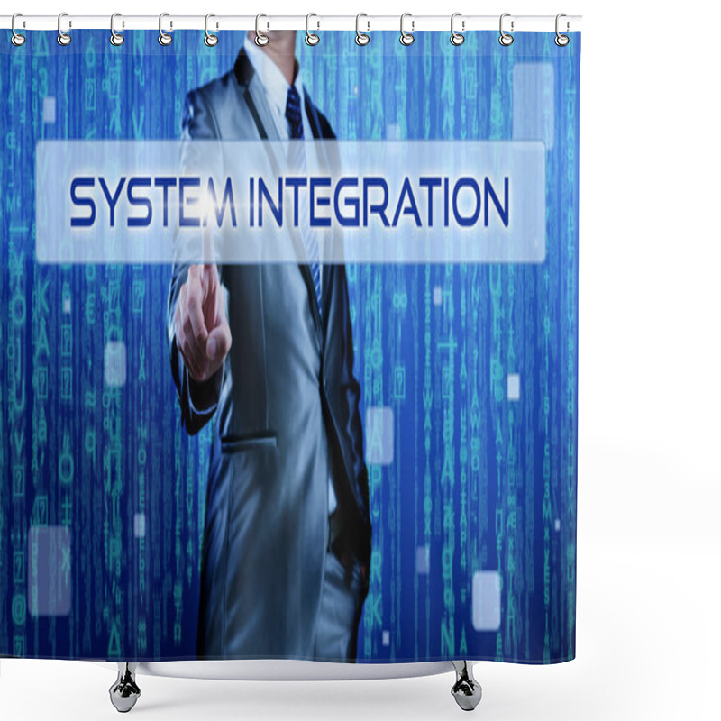 Personality  Business Man With Digital Background Pressing On Button System Integration Shower Curtains