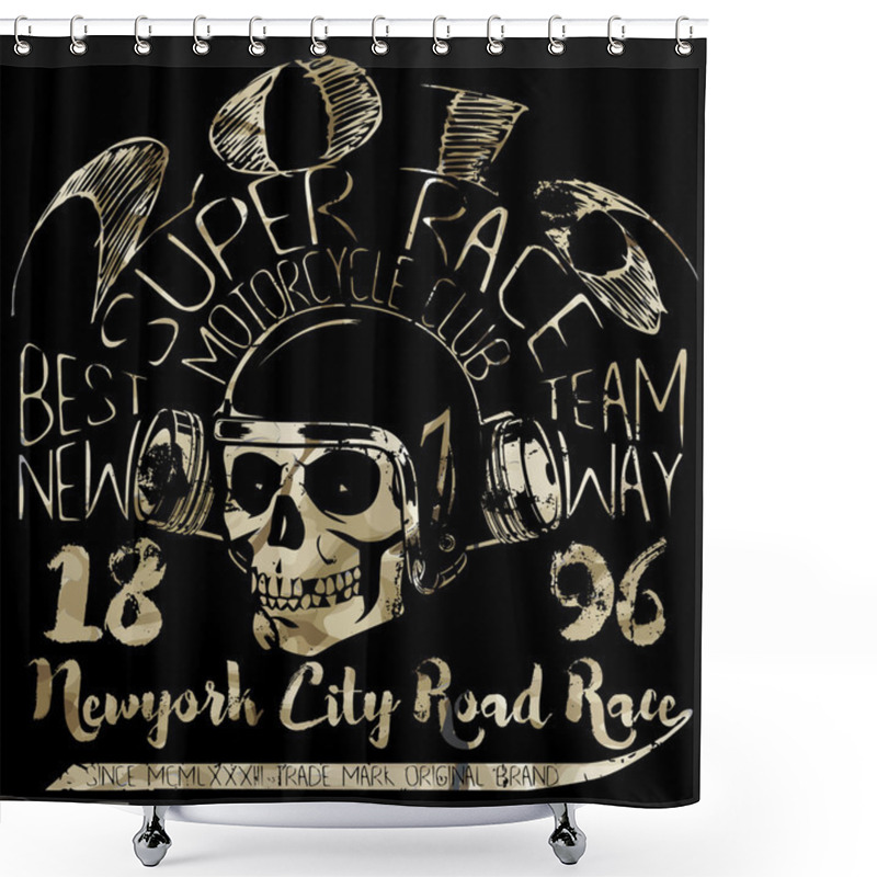 Personality  Motorcycle Themed Handmade Drawing Helmet And Skull Tee Graphic  Shower Curtains