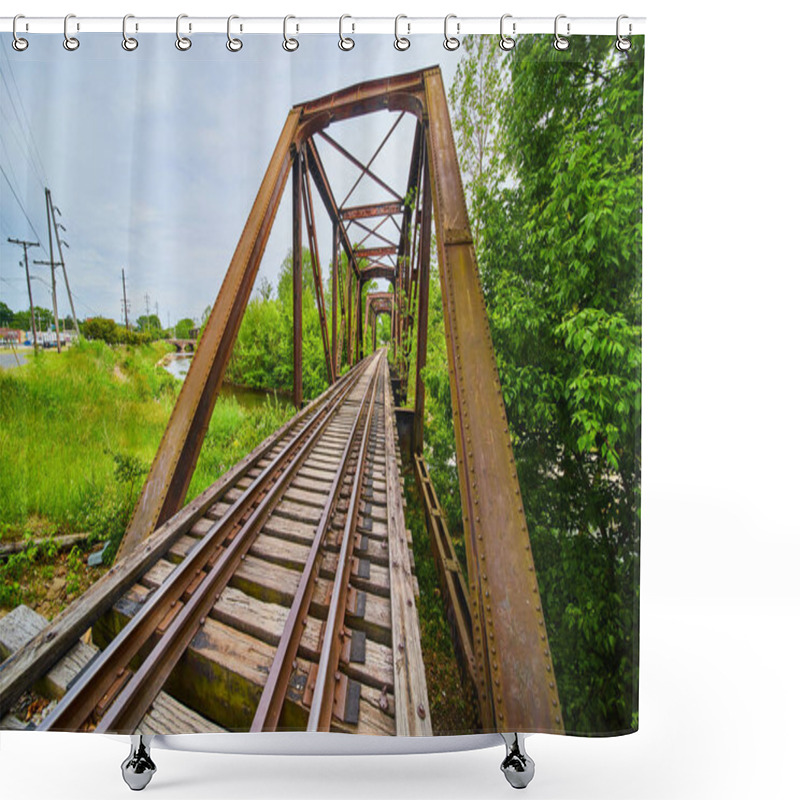 Personality  Image Of Rusty Truss Iron Railroad Bridge With Train Tracks Over Kokosing River In Mount Vernon Ohio Shower Curtains