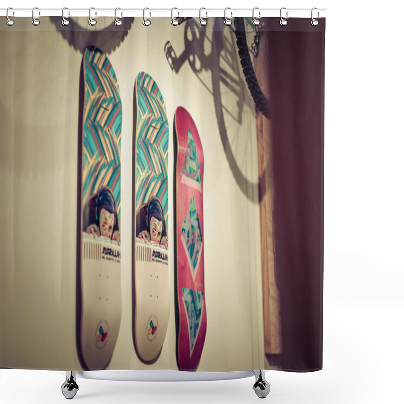 Personality  Skateboard Items On Display For Sale In Downtown Portland Shower Curtains