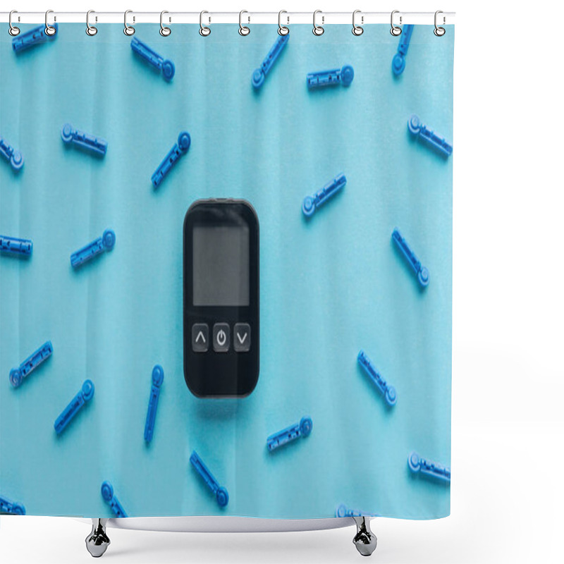 Personality  Medical Equipment For Diabetes Control With Disposable Needles On Blue Background Shower Curtains