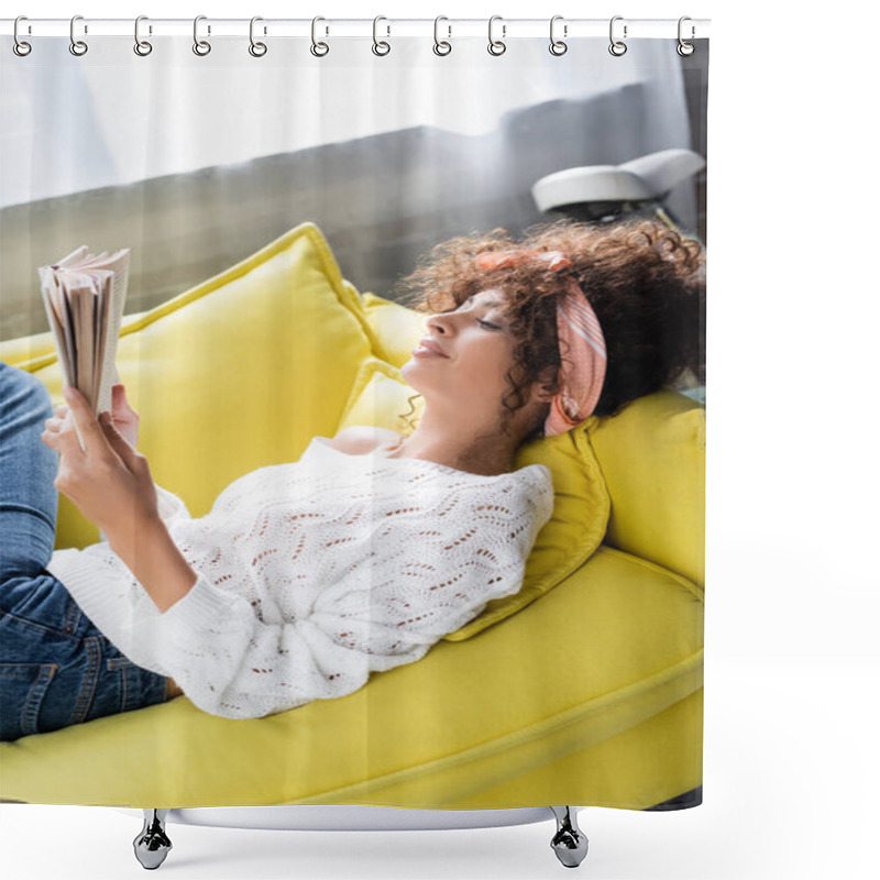 Personality  Pleased Young Woman Reading Book While Lying On Sofa In Living Room  Shower Curtains