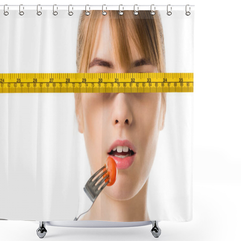 Personality  Young Woman Eating Cherry Tomato With Measuring Tape In Front Her Eyes Isolated On White Shower Curtains