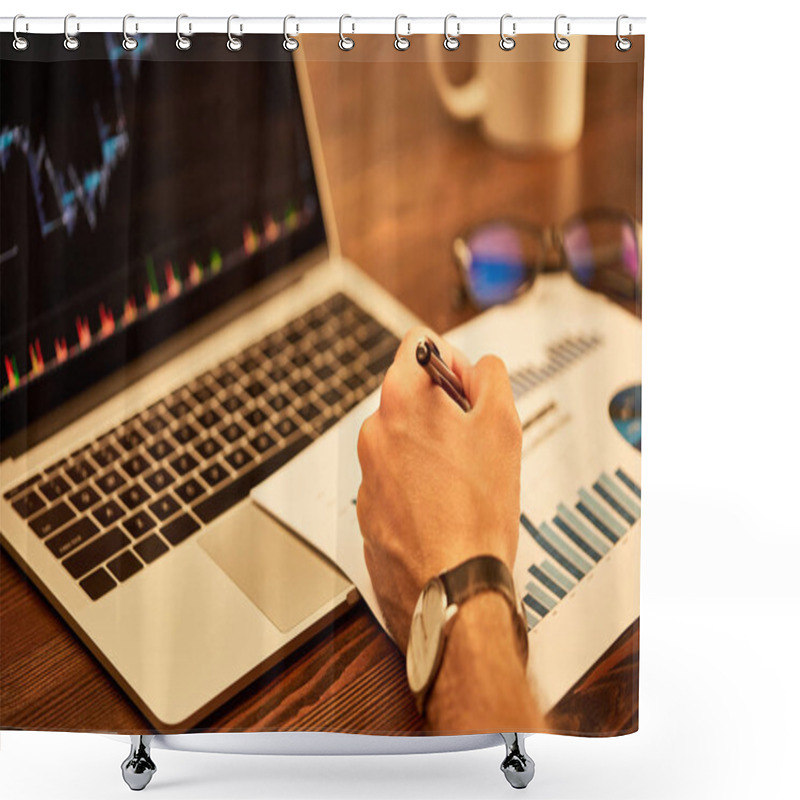 Personality  Cropped View Of Man Writing With Pen On Paper With Charts  Shower Curtains