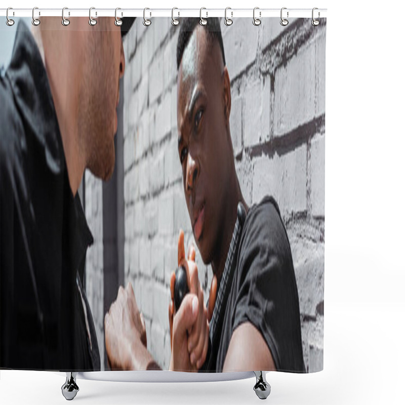 Personality  Horizontal Crop Of Policeman Detaining Emotional African American Man, Racism Concept  Shower Curtains