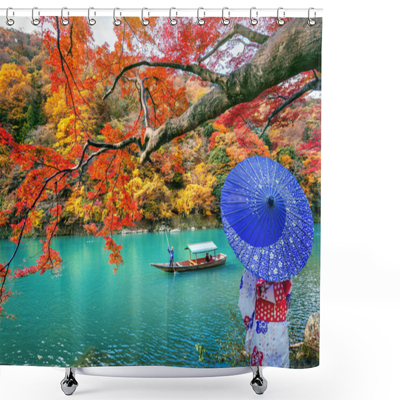 Personality  Asian Woman Wearing Japanese Traditional Kimono At Arashiyama In Autumn Season Along The River In Kyoto, Japan. Shower Curtains