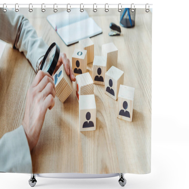 Personality  Cropped View Of Recruiter Holding Magnifier Near Cube In Office  Shower Curtains