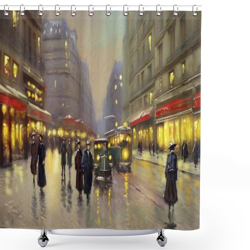 Personality  Oil Paintings Landscape, Night View Of The City Of The City. Artwork, Fine Art, People Walking On The Street At Night Shower Curtains