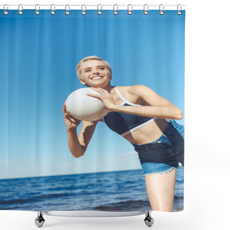 Personality  Portrait Of Smiling Woman With Volleyball Ball On Beach On Summer Day Shower Curtains