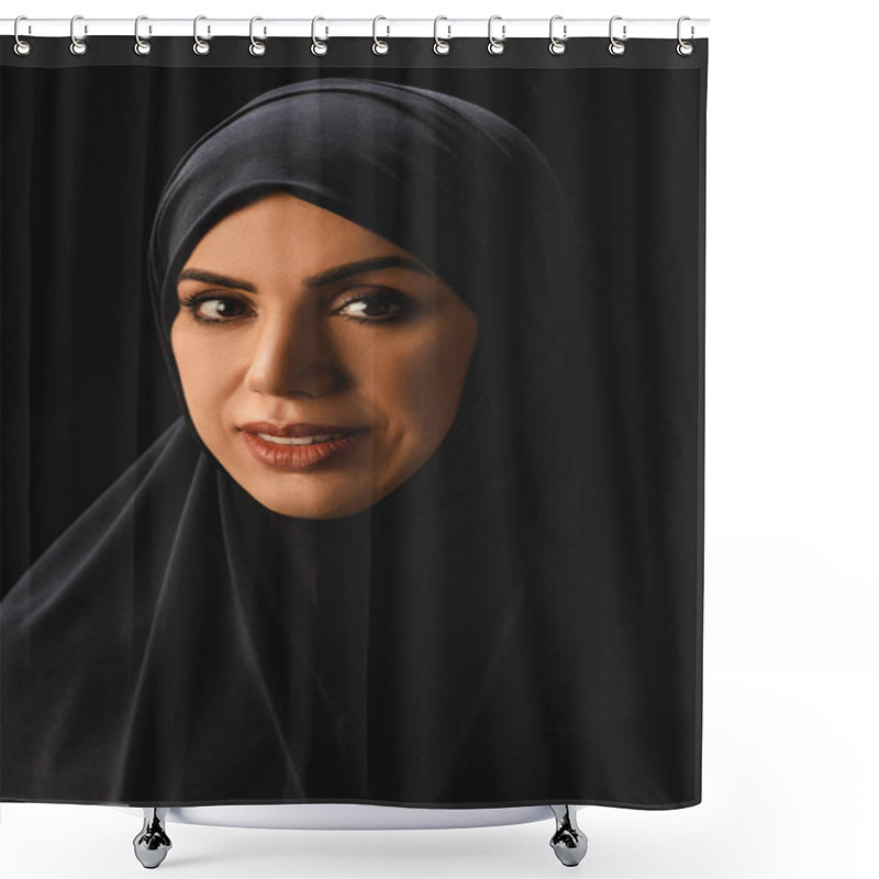 Personality  Portrait Of Beautiful Muslim Refugee In Hijab Isolated On Black  Shower Curtains