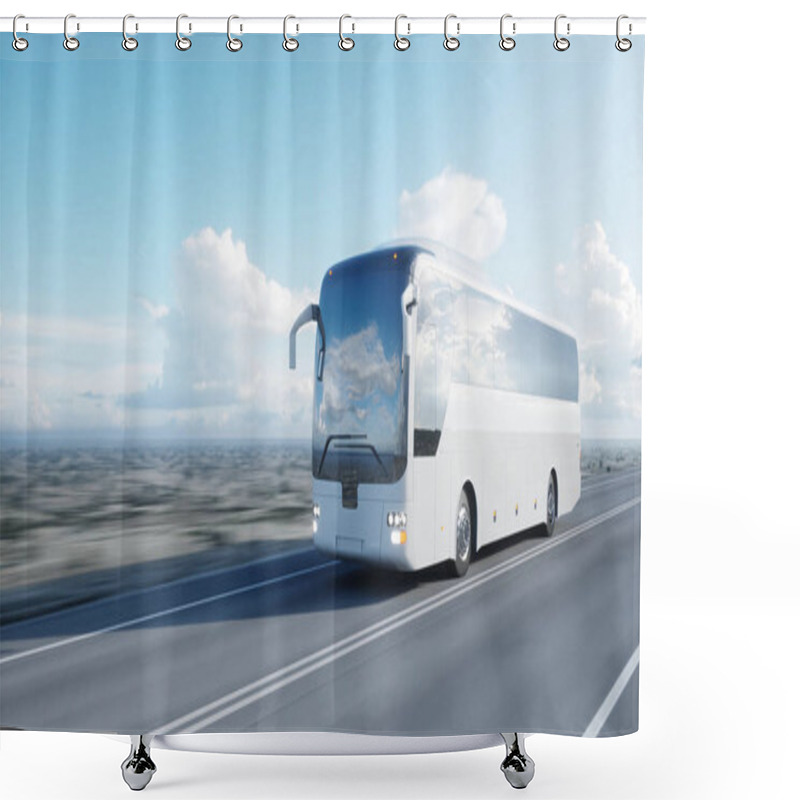 Personality  Tourist White Bus On The Road, Highway. Very Fast Driving. Touristic And Travel Concept. 3d Rendering. Shower Curtains