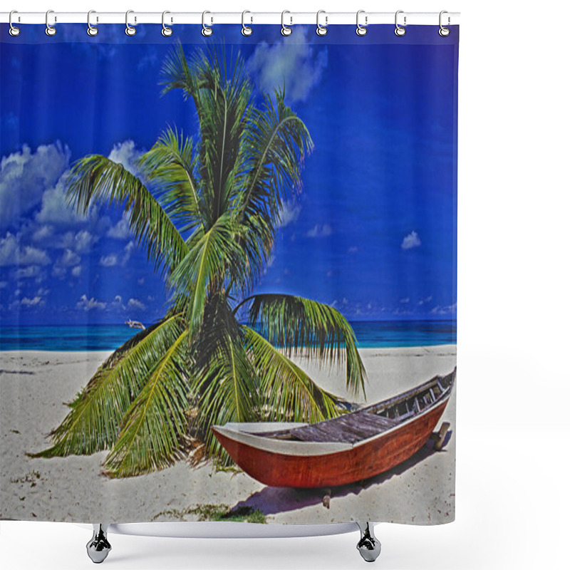 Personality  Beach With Palm Tree And Small Boat In The Seychelles Shower Curtains