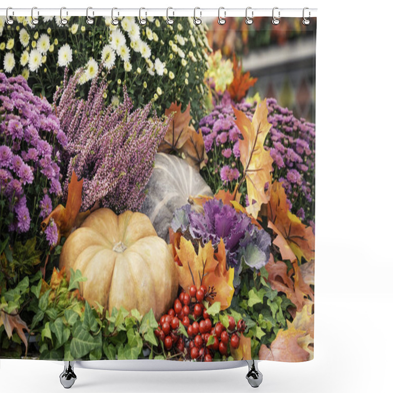 Personality  Autumn  Composition With Pumpkinspkin In Various Shapes, Flowers And Plants  On Manege Square In Moscow, Russia. Harvest Holiday, Farm Market.  Autumn  Decorations. Background For Halloween.   Shower Curtains