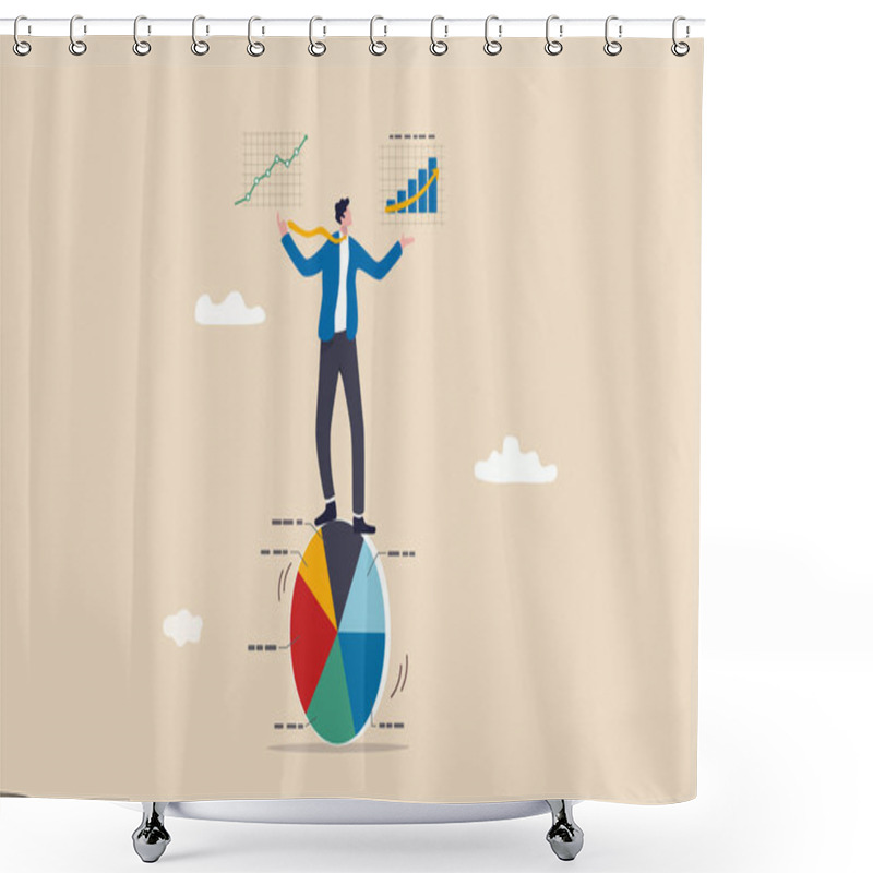 Personality  Data Driven With Analytics Research, Ads Optimization Based On User Or Customer Behavior, Statistics To Improve Sales, Smart Businessman Balance And Control Pie Chart With Analytics Data In Hands. Shower Curtains