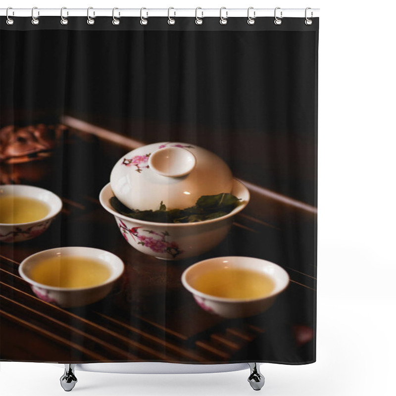 Personality  Chinese Tea Ceremony. Porcelain Gaiwan, Three Cups Of Chinese Tea And Golden Frog On Tea Desk.  Shower Curtains